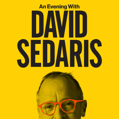 Image is the top half of David Sedaris' head. He is wearing bright red reading glasses. The background is yellow. Above his head the text reads 'An Evening With David Sedaris'.