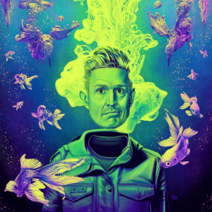 Illustration is of Wil Anderson in a surreal environment. Wil’s head is detached from his body and hovering in mid water. Wil’s skin and hair colour are green, and his jacket is a deep blue. Wil is surrounded by purple fish.