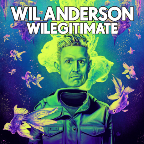 Illustration is of Wil Anderson in a surreal environment. Wil’s head is detached from his body and hovering in mind water. Wil’s skin and hair colour are green, and his jacket is a deep blue. Wil is surrounded by purple fish.