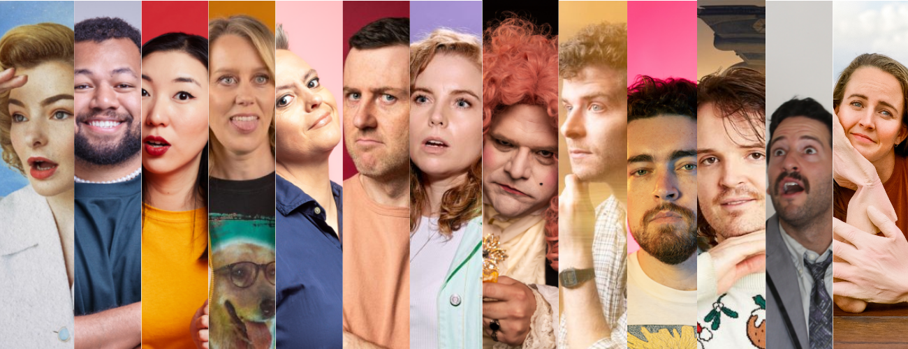 A collage of headshots comprised of comedians performing at Replay Festival