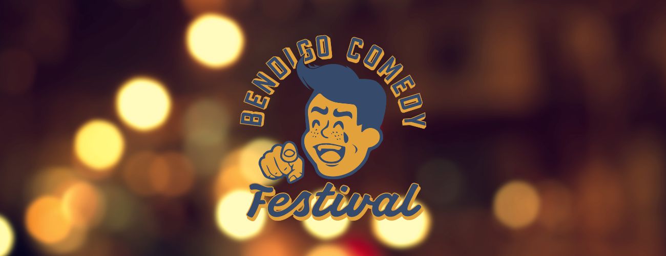 Out of focus lights from a comedy room. Bendigo Comedy Festival Logo in the centre.